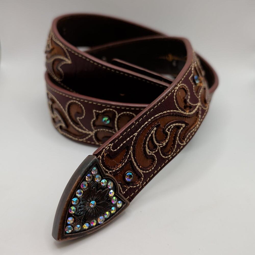 Brown Leather Belt Medium Western Tooled Rhinestone Studded Cowgirl Boho Rodeo